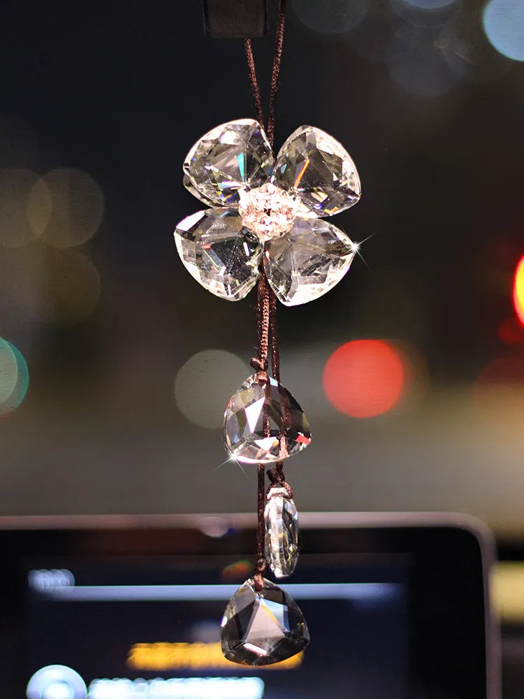 Crystal four leaf grass car interior pendant approximately 20CM in transparent champagne black or shiny colours