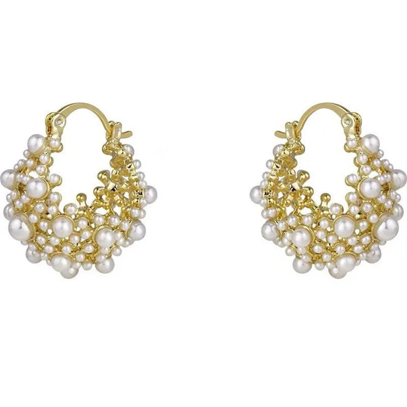 Women's gold colour copper flower basket earrings with small rice-shaped bead inlay floral pattern