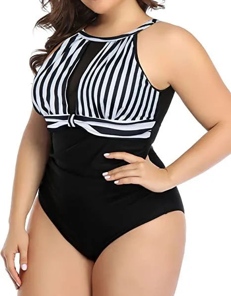 Women's black one-piece swimsuit with red flower pattern, plus size swimwear