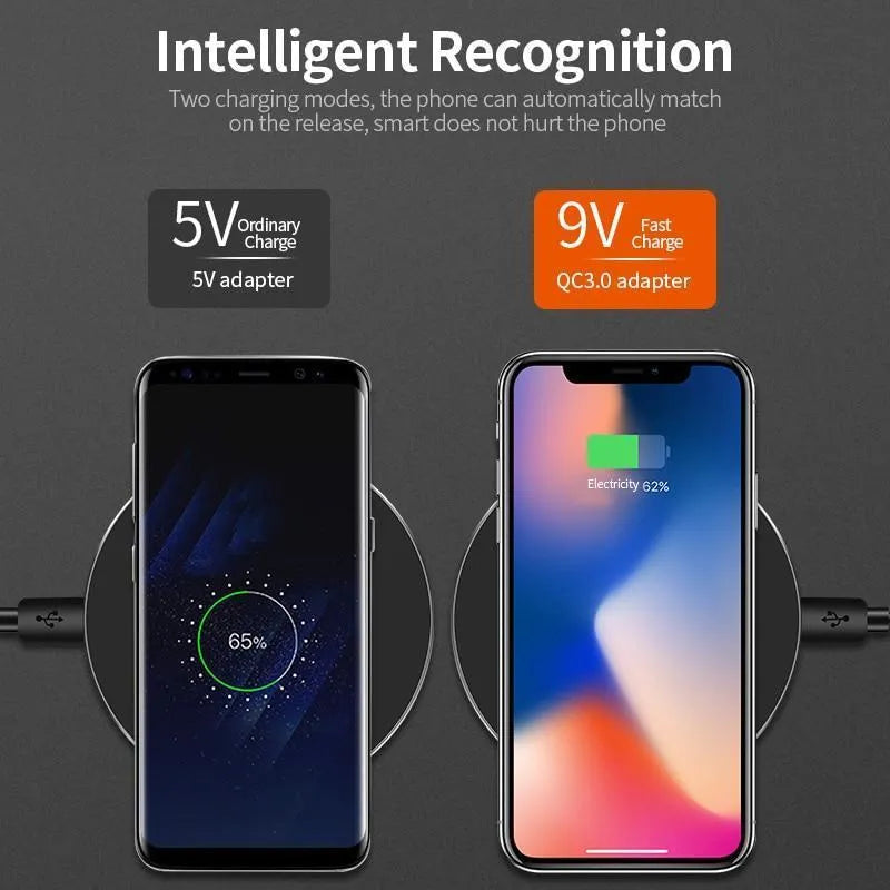 Ultra-thin black square wireless fast charger with USB cable on a table
