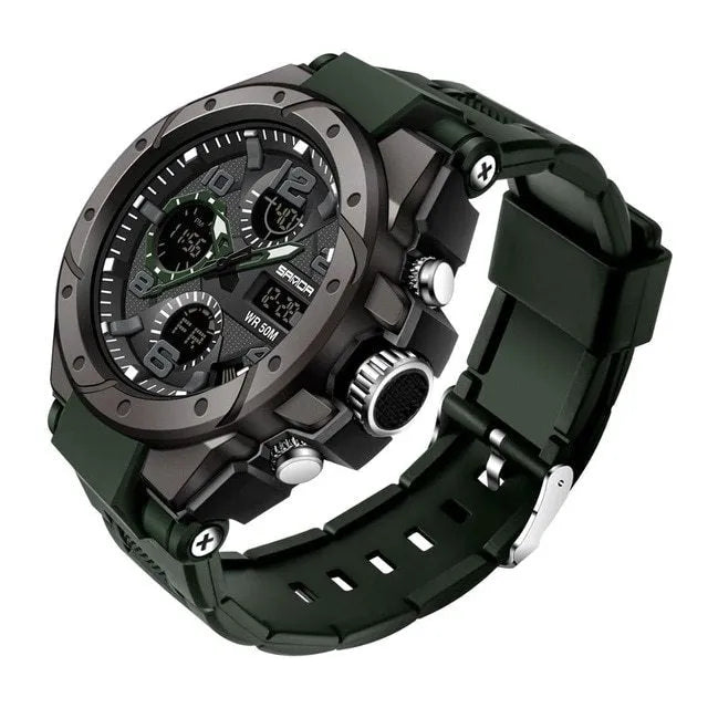 Men's military sports watch with 45mm round dial, resin case, rubber strap, and 30M water resistance.