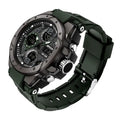 Men's military sports watch with 45mm round dial, resin case, rubber strap, and 30M water resistance.