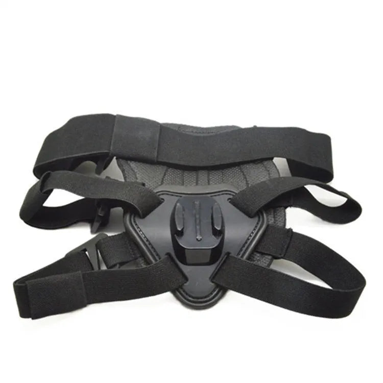 Black dog camera harness chest mount for GoPro, adjustable 7-54 kg, with quick release base and camera lanyard