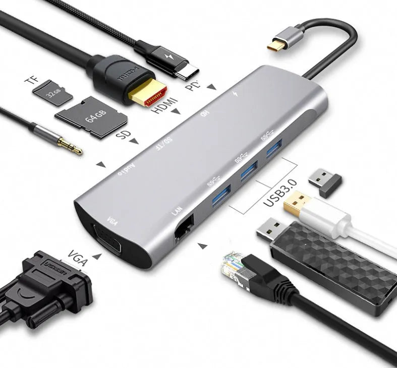 Grey aluminium USB-C docking station with HDMI, VGA, USB ports, and a 140mm cable.