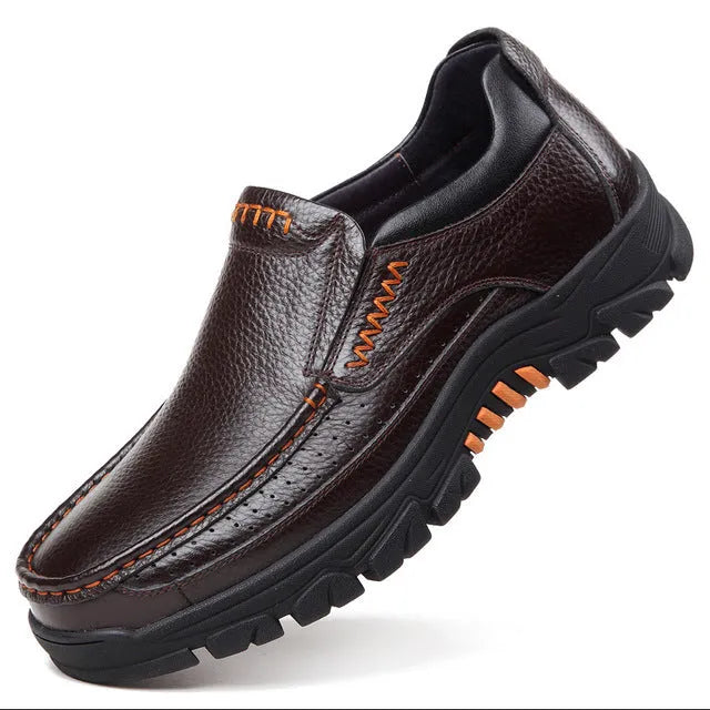 Men's black and brown business casual slip-on shoes with cowhide upper and rubber sole