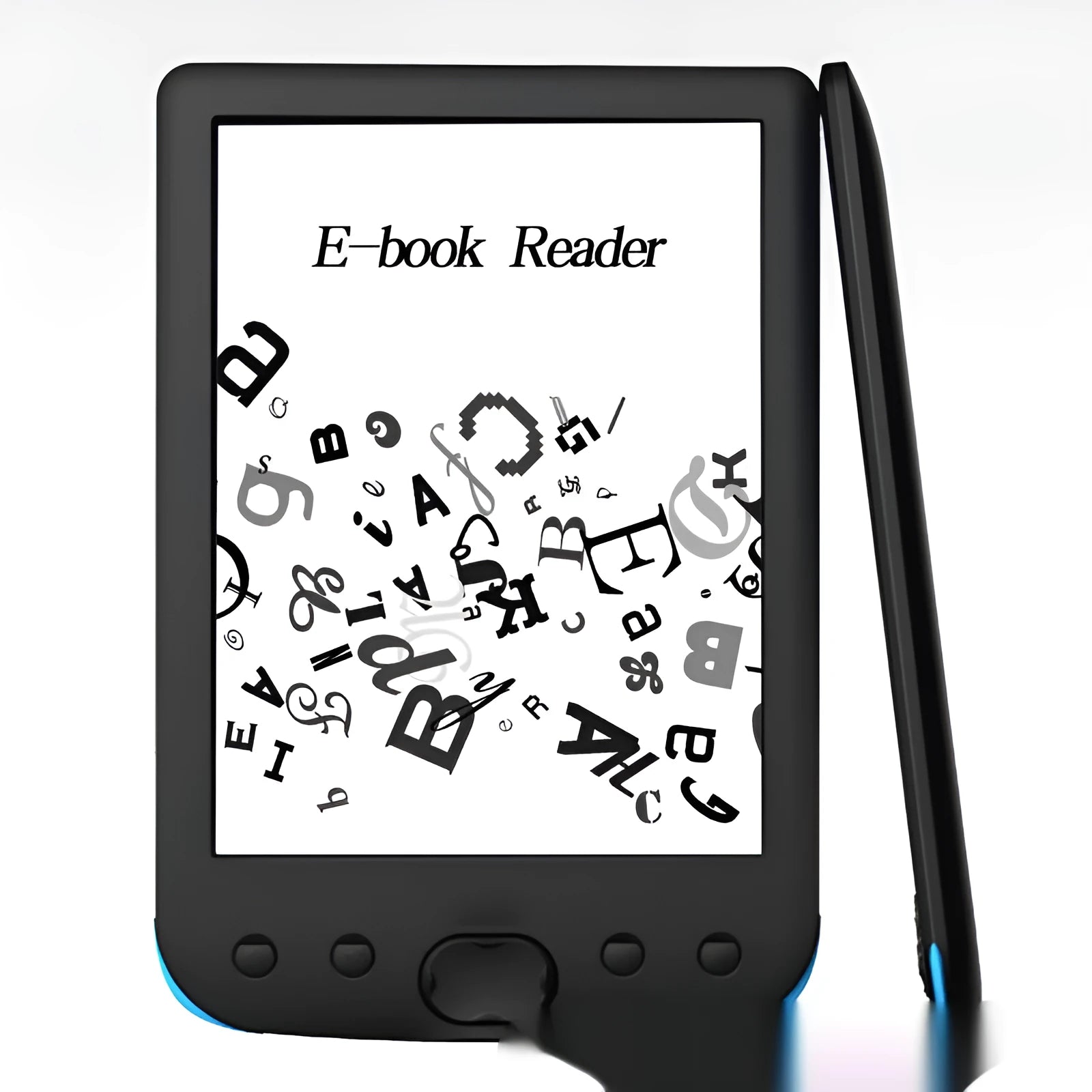 Black 6-inch E-ink e-book reader showing its paper-like display screen