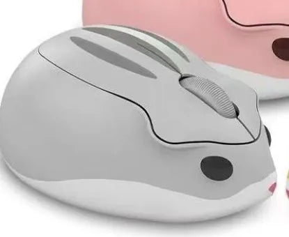 Hamster wireless mute mouse in grey, pink, and yellow colours showing compact Bluetooth design