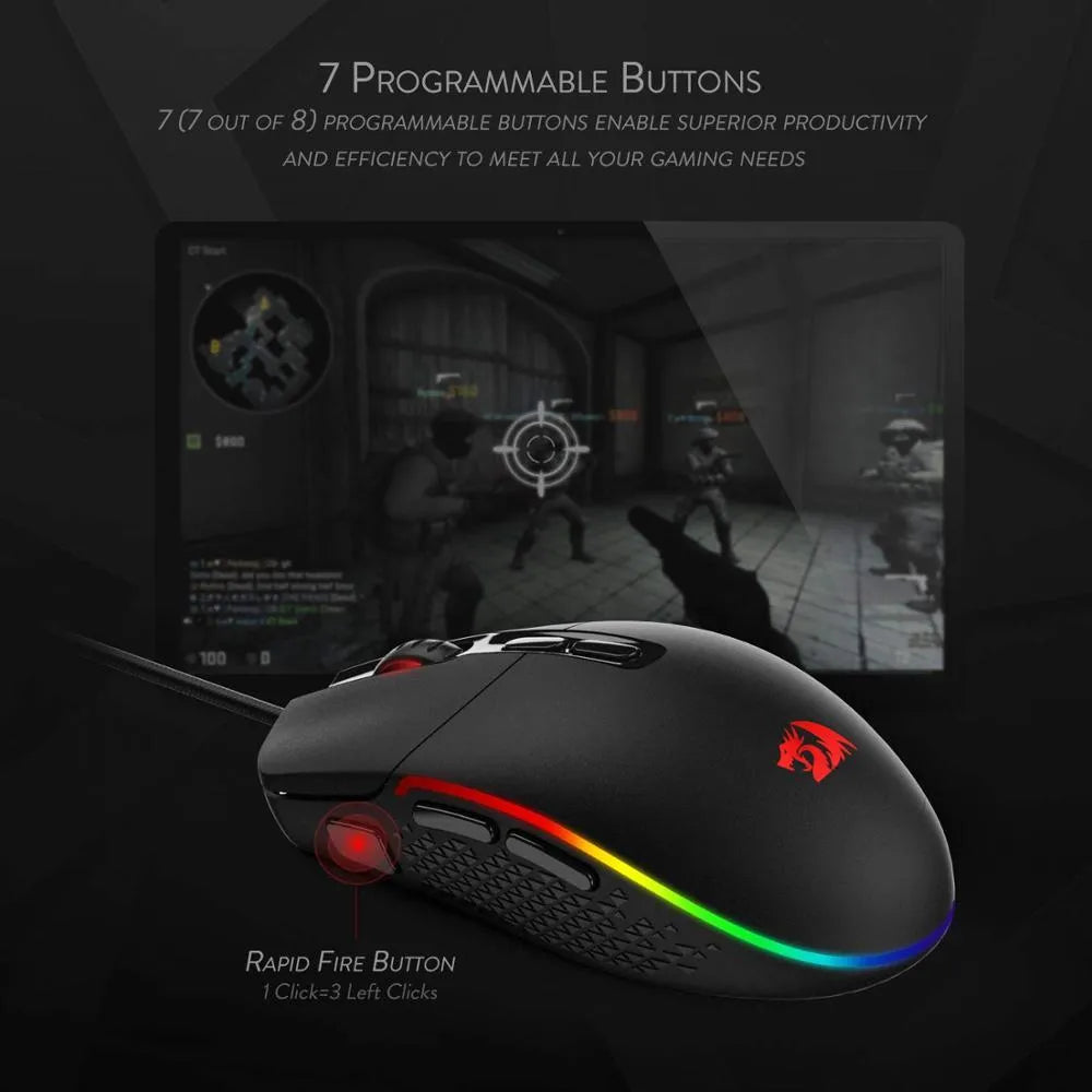 Black wired gaming mouse with 5000 DPI sensor, 9 buttons, USB cable and four-way scroll wheel for desktop PC