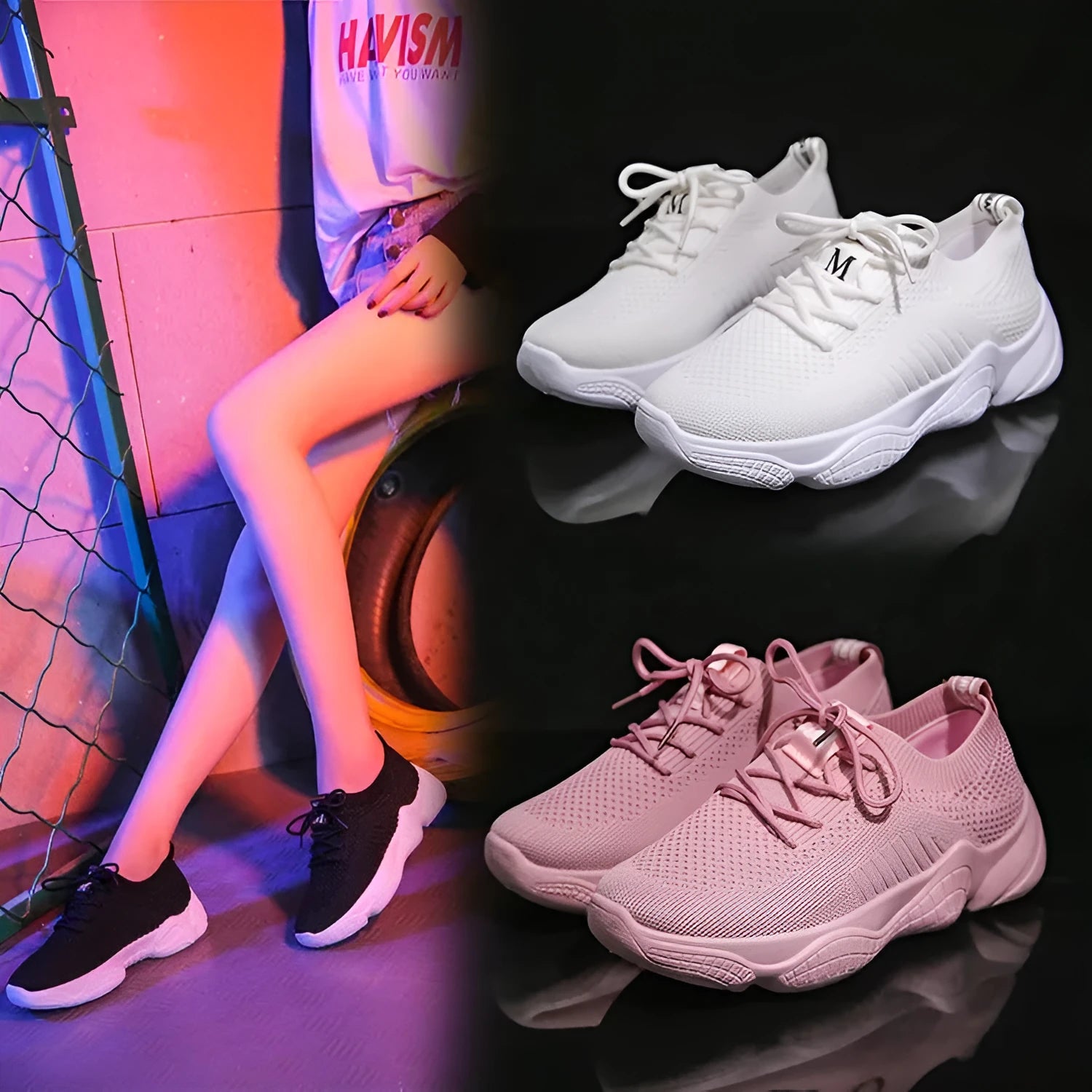 Women's white thick-soled sports shoes with woven uppers and front strap