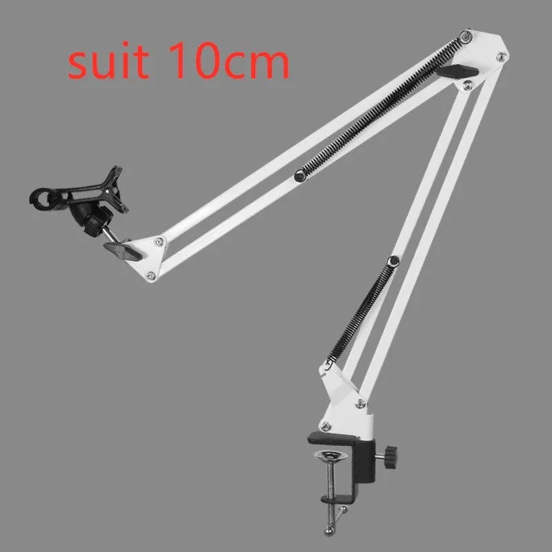 Black and white adjustable phone and tablet stand on desktop showing viewing angle