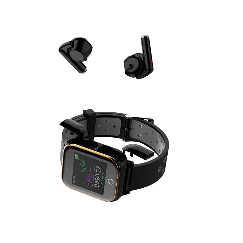 Black smartwatch with detachable Bluetooth earphones showing 1.4-inch touchscreen displaying heart rate and fitness data