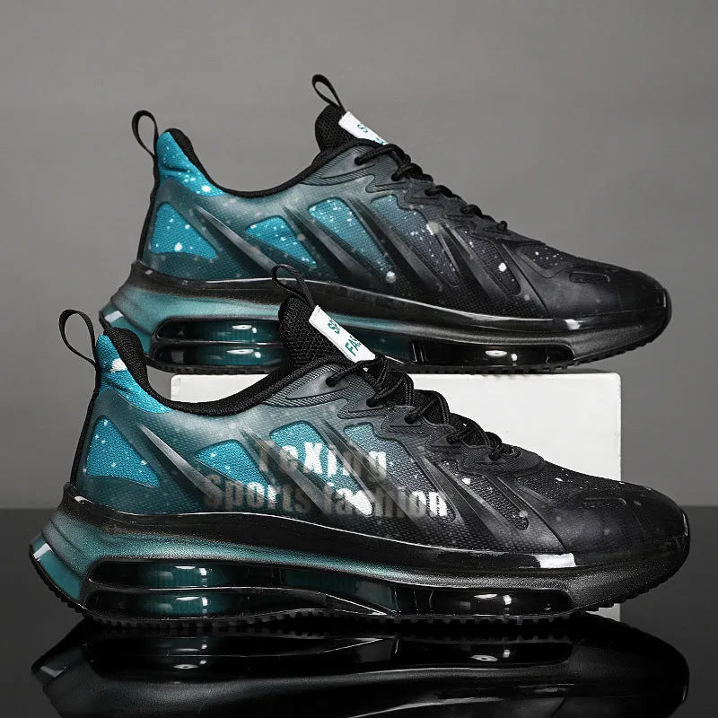 Men's black and green heightened platform casual shoes with mesh upper and rubber sole.