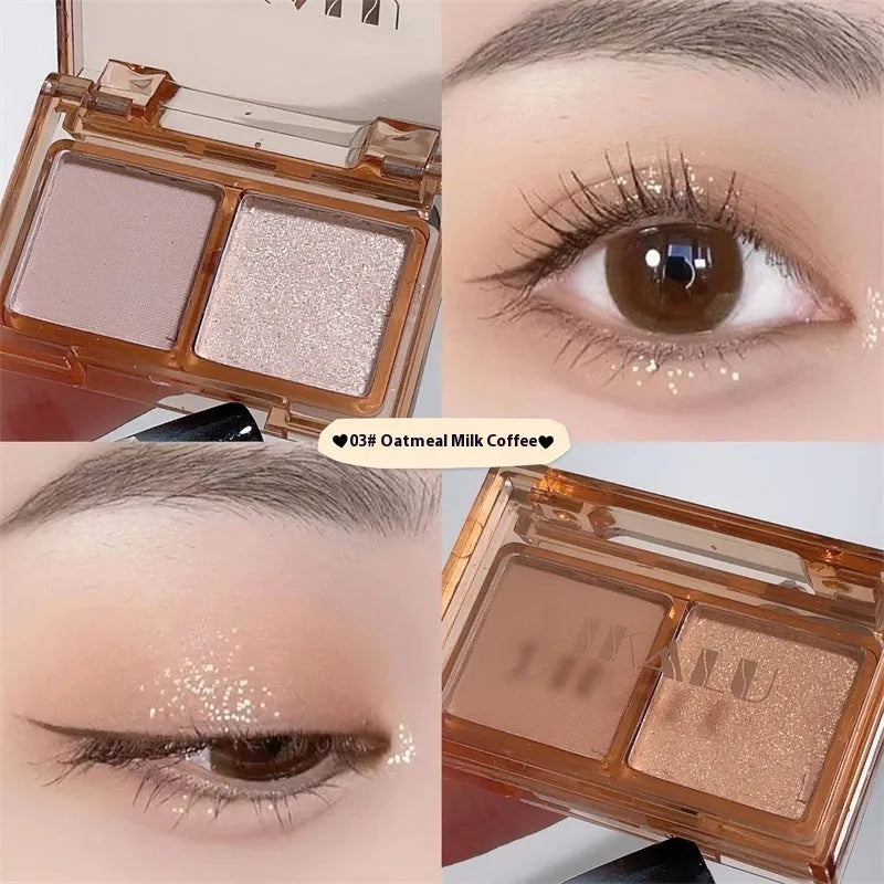 Cool two-tone eye shadow plate showing matte and shimmer finish in pink and black colour combination