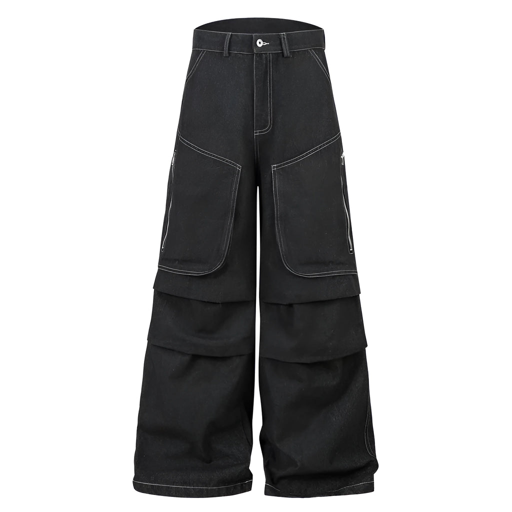 Black multi-pocket pleated workwear jeans in cotton denim fabric with zip fly closure