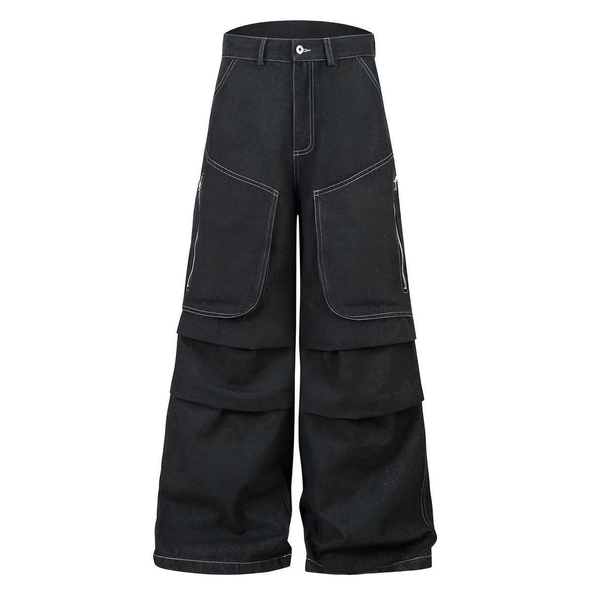 Black multi-pocket pleated workwear jeans in cotton denim fabric with zip fly closure