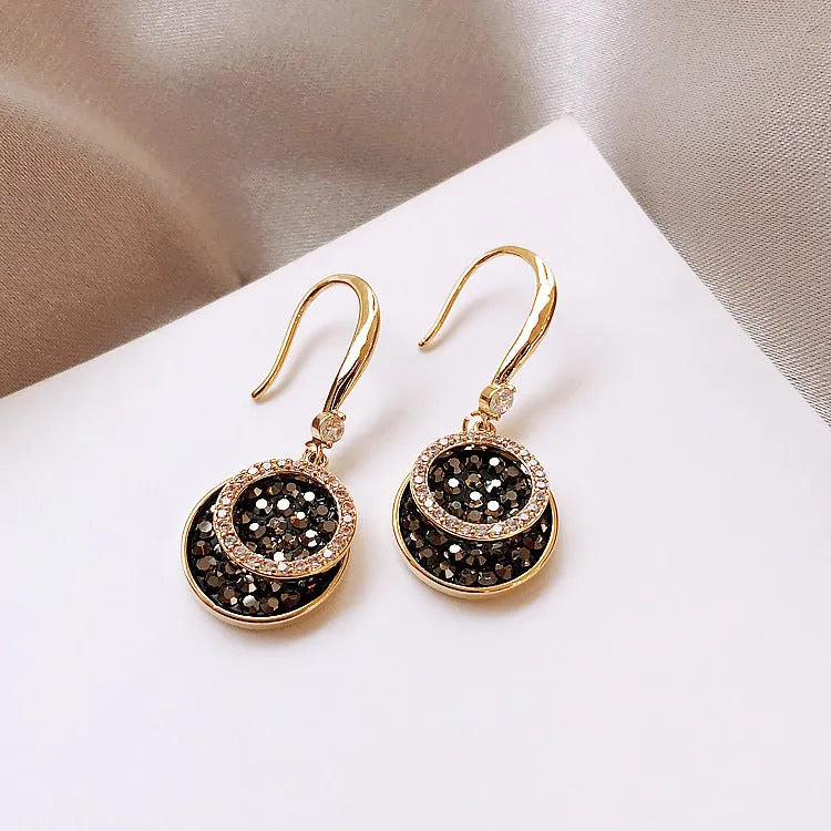 Black retro Hong Kong style geometric round earrings with 3.6cm length alloy construction
