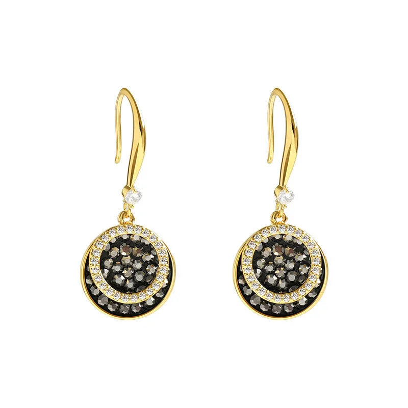 Black retro Hong Kong style geometric round earrings with 3.6cm length alloy construction