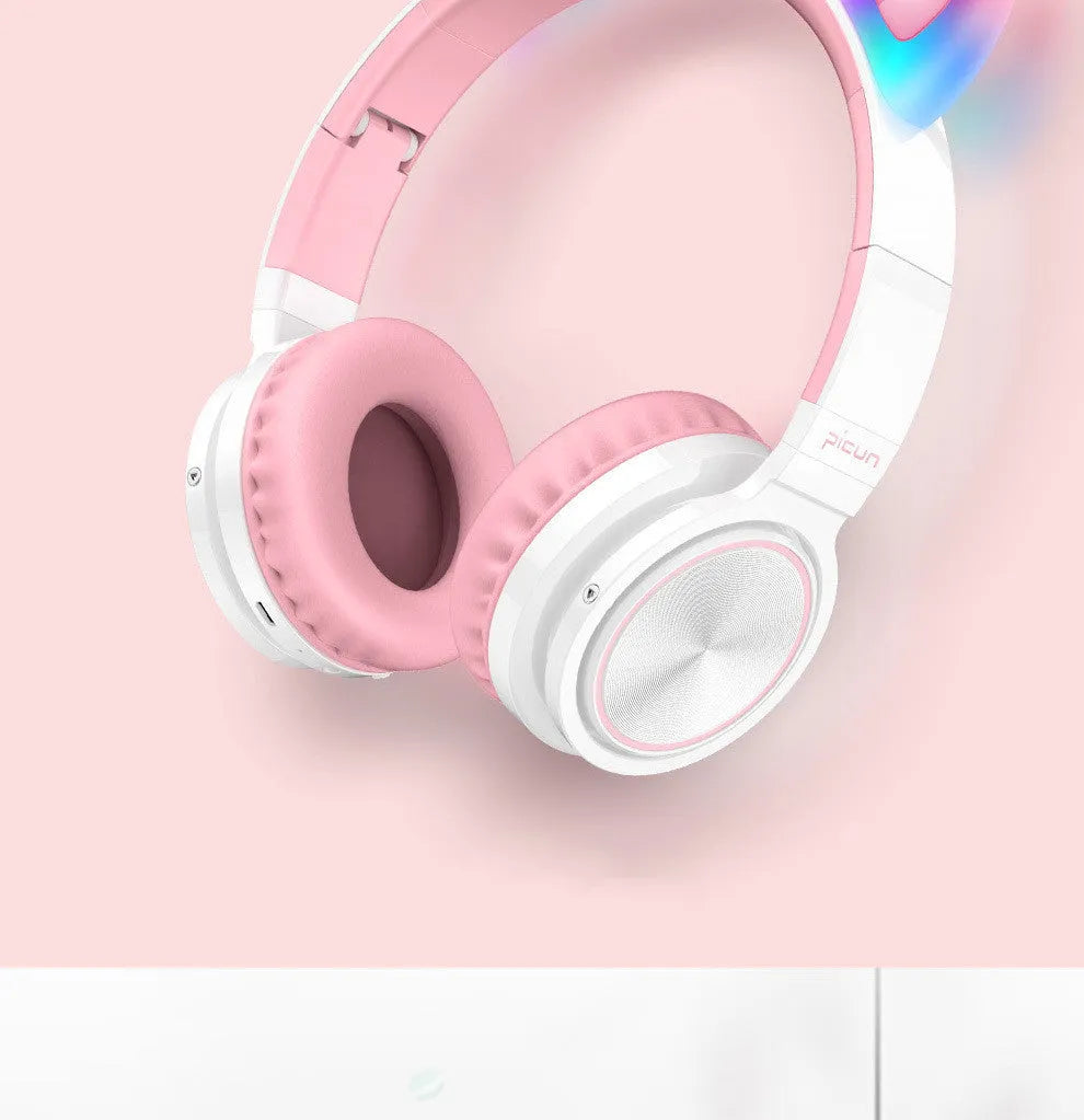 Pink-white wireless Bluetooth headset with head-mounted design and 40mm speakers