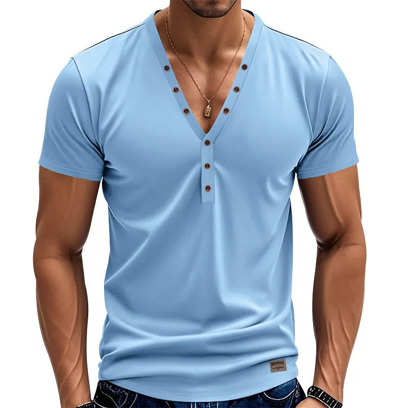 Men's loose thin trendy V-neck top with buttons design in chemical fibre blend fabric available in multiple colours