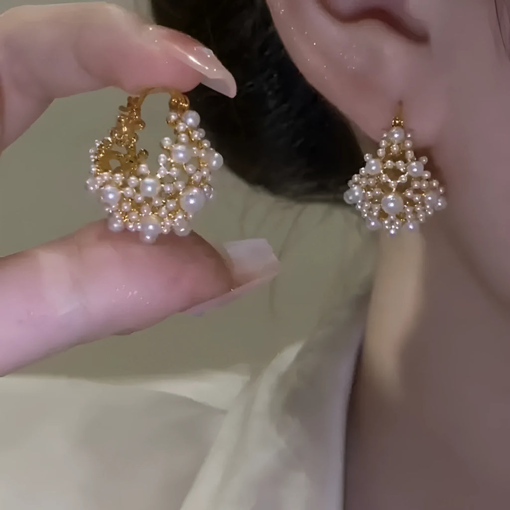 Women's gold colour copper flower basket earrings with small rice-shaped bead inlay floral pattern
