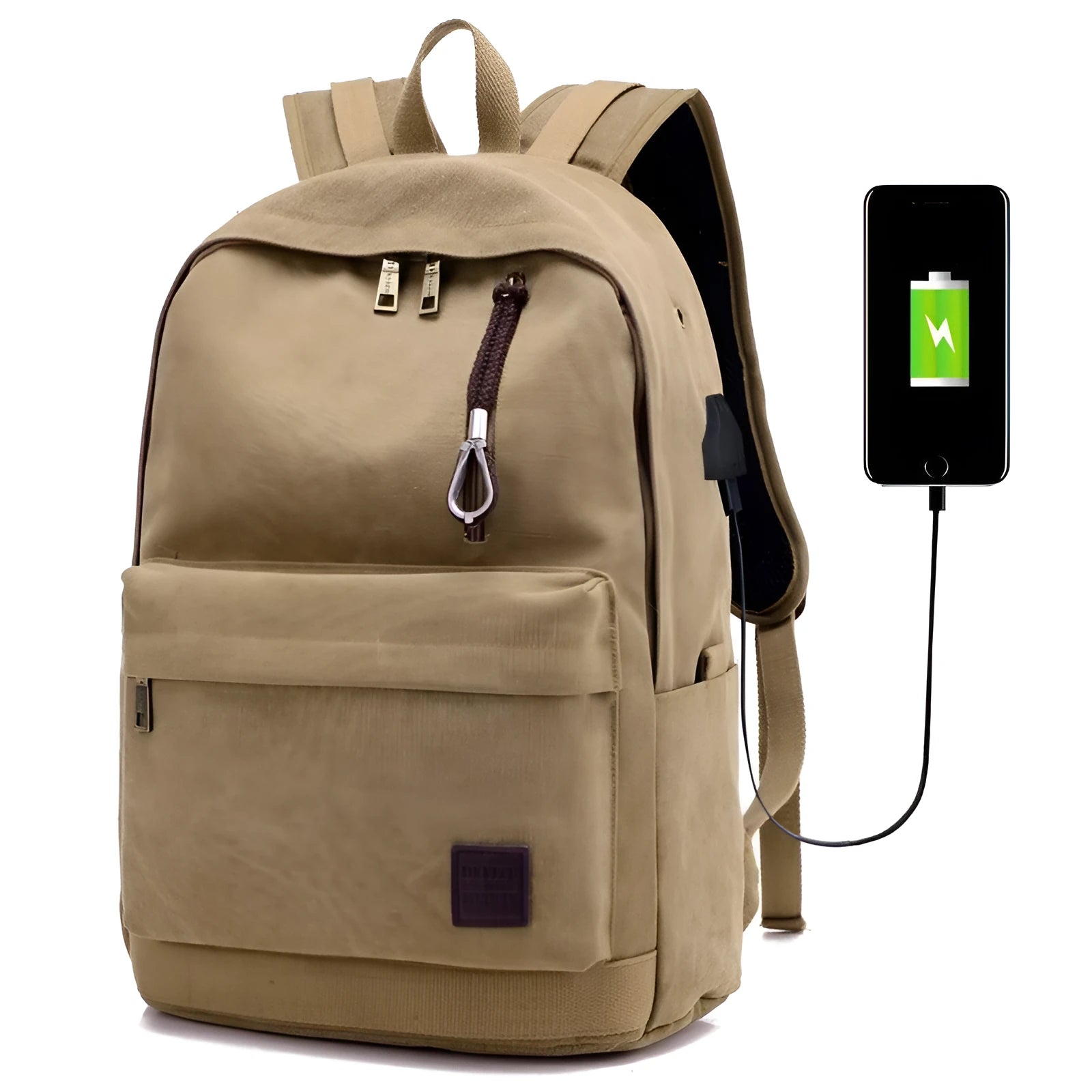Canvas USB charging backpack in grey colour showing front pockets and shoulder straps