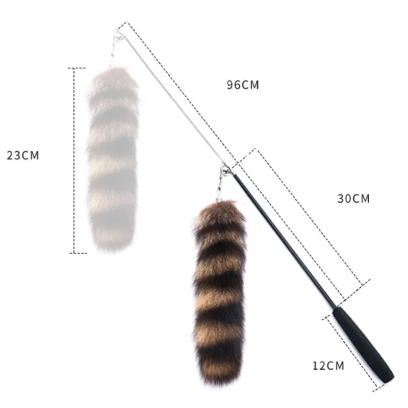 Black cat toy wand with feather teaser on elastic string, 42cm length