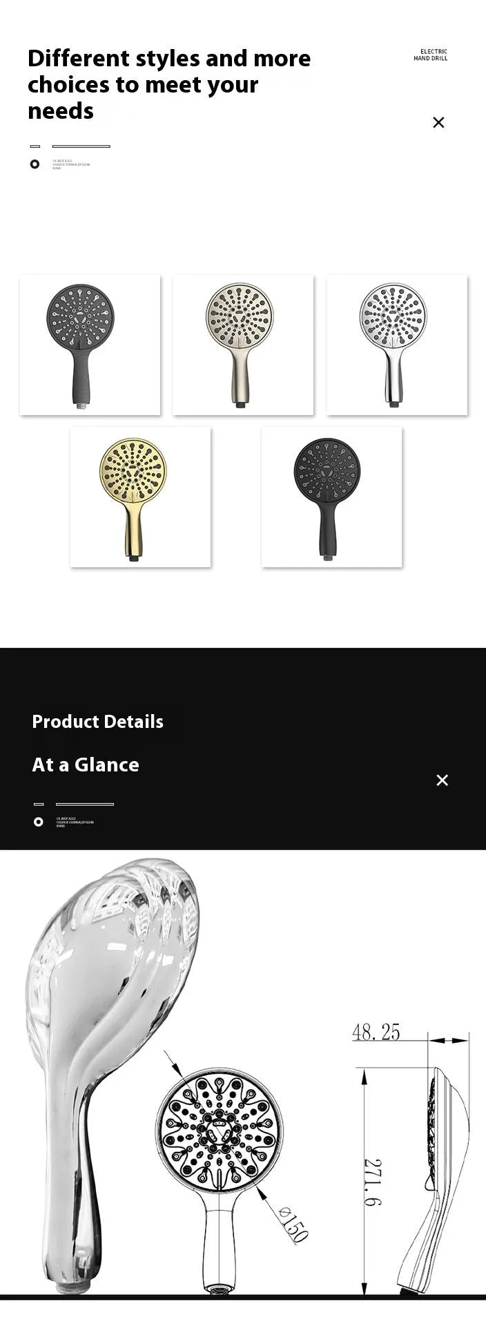 Six-function handheld shower head with electroplated finish, shown alongside its spray settings diagram.
