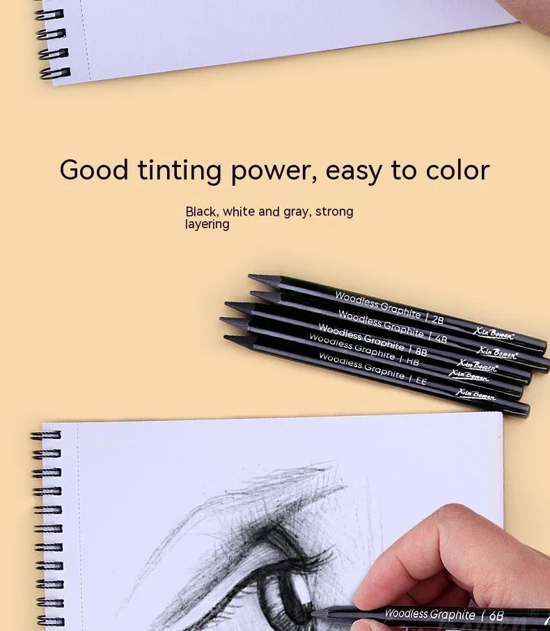 Set of six graphite sketching pencils with HB, 2B, 4B, 6B, 8B, and EE grades for art drawing