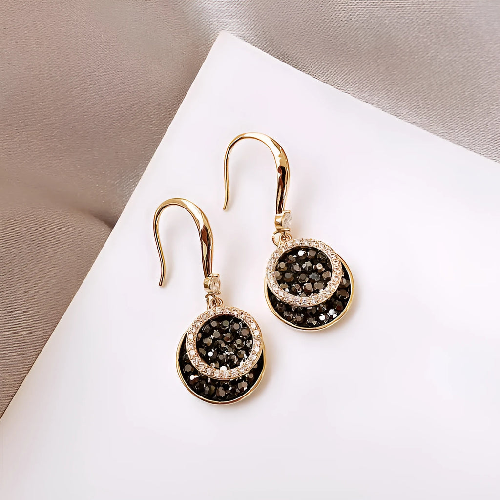 Black retro Hong Kong style geometric round earrings with 3.6cm length alloy construction