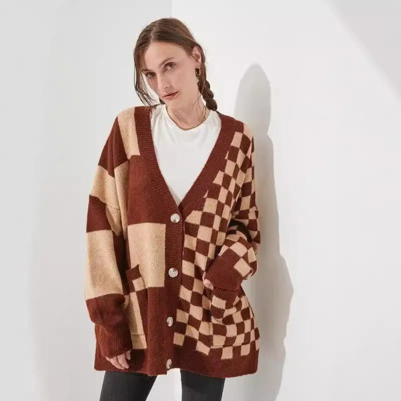 Printed checks knitted cardigan in loose slim fit style showing six colour options