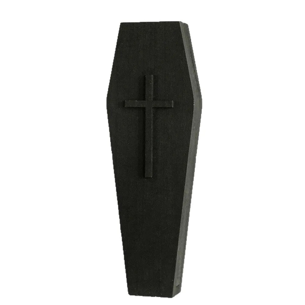 Black wooden cross wall shelf decoration measuring 27 cm by 9 cm.