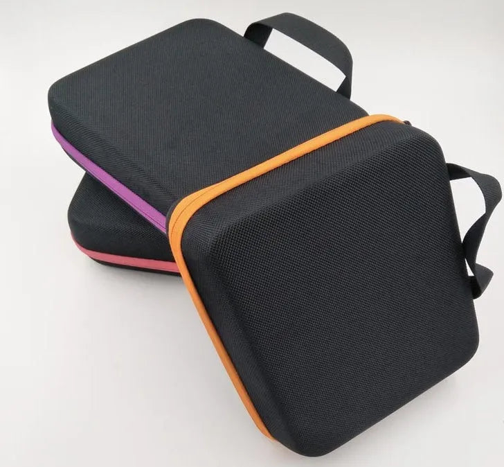 Cube-shaped essential oil storage bag with 30 compartments for 15ml bottles, shown in available colours.