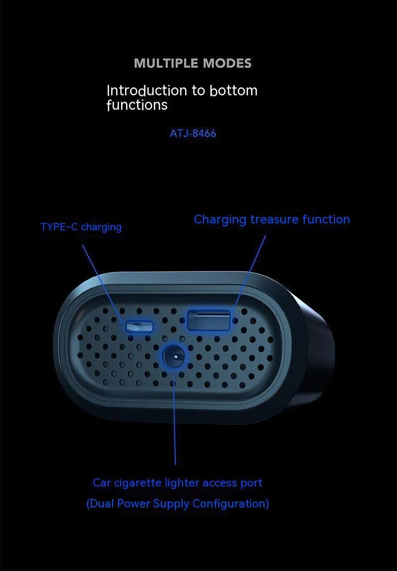 Wireless digital display car tyre inflator with LED light and multiple nozzles on black background