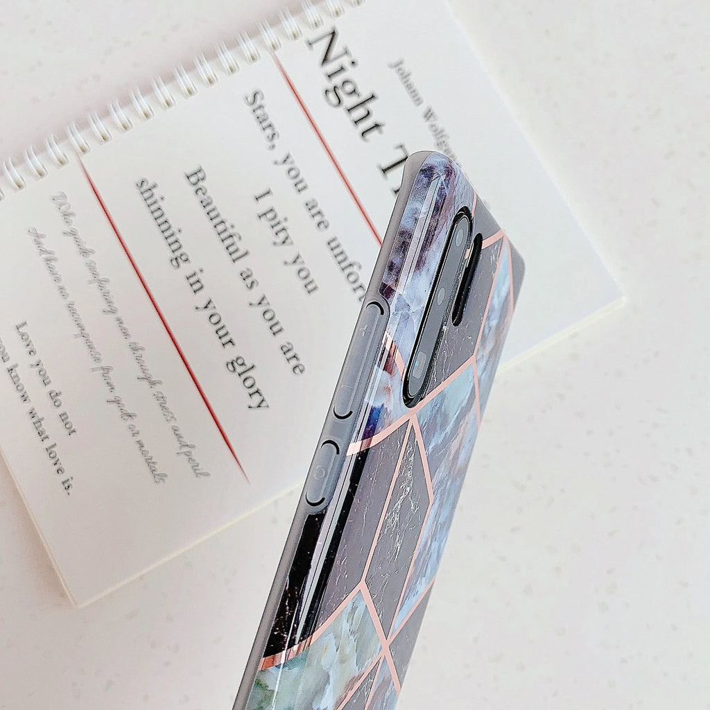 Electroplated marble mobile phone case with holographic finish on smartphone