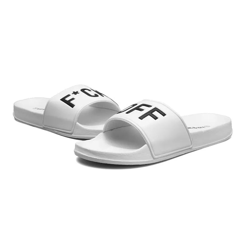 Large men's personalised slippers with rubber sole and open toe design in black or white colours