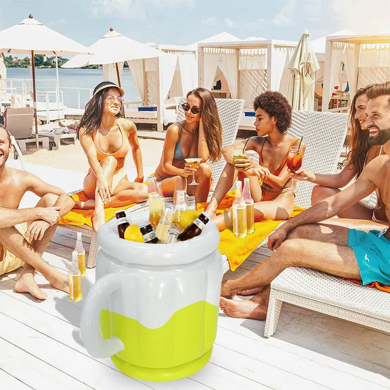 Yellow inflatable PVC ice bucket for portable drink cooling at parties and outdoors.