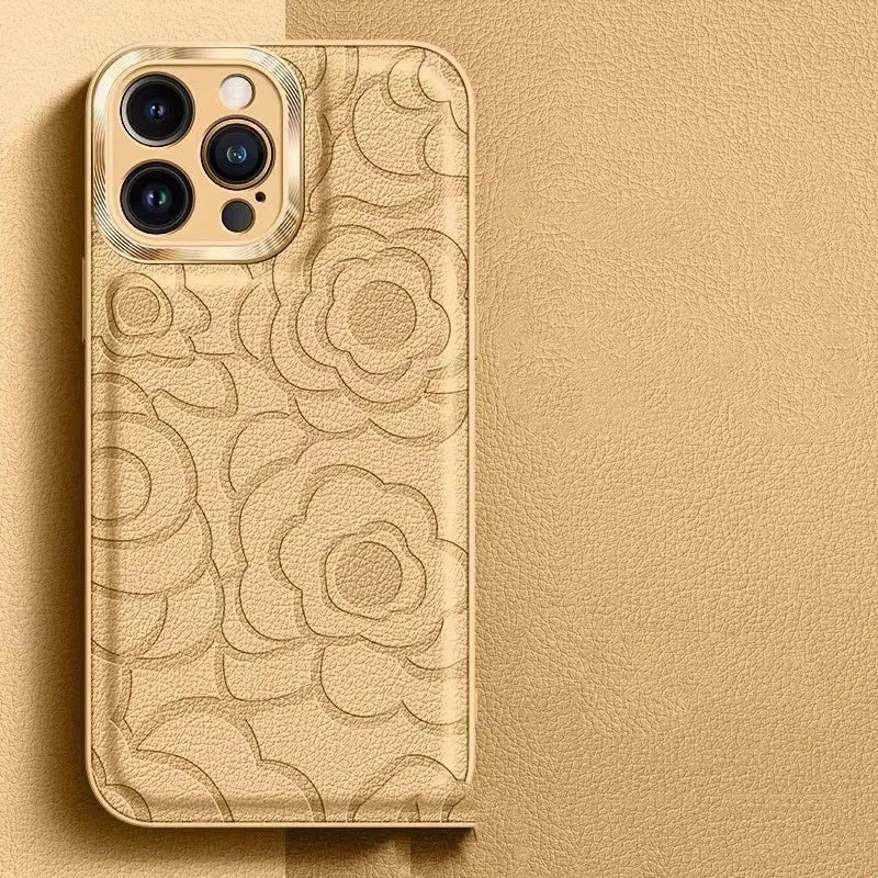 Camellia leather pattern phone case for iPhone 11-15, showing decorative design and protective shell.