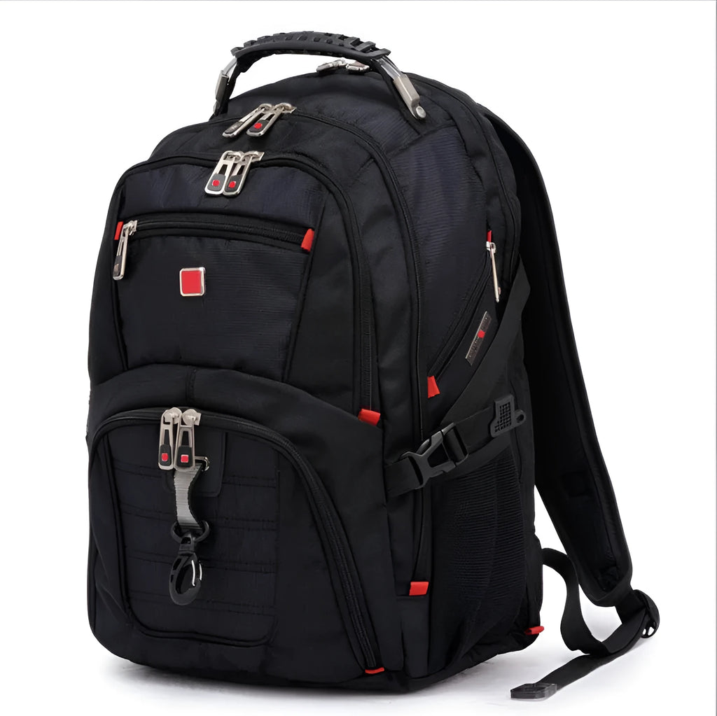 Black 38-litre business laptop backpack open to show three internal compartments and organiser pockets.