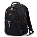 Black 38-litre business laptop backpack open to show three internal compartments and organiser pockets.