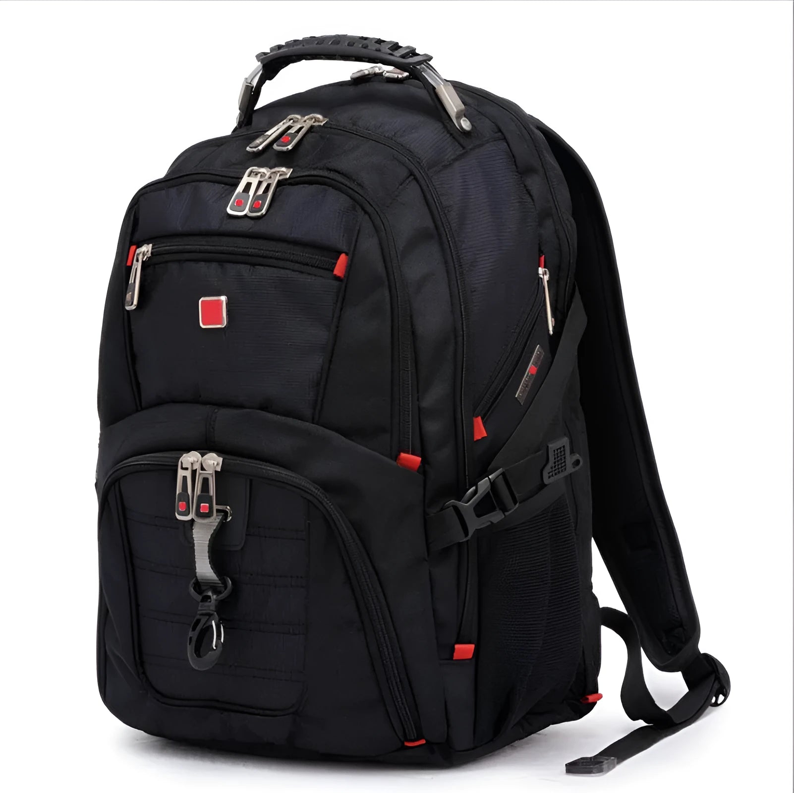 Black 38-litre business laptop backpack open to show three internal compartments and organiser pockets.