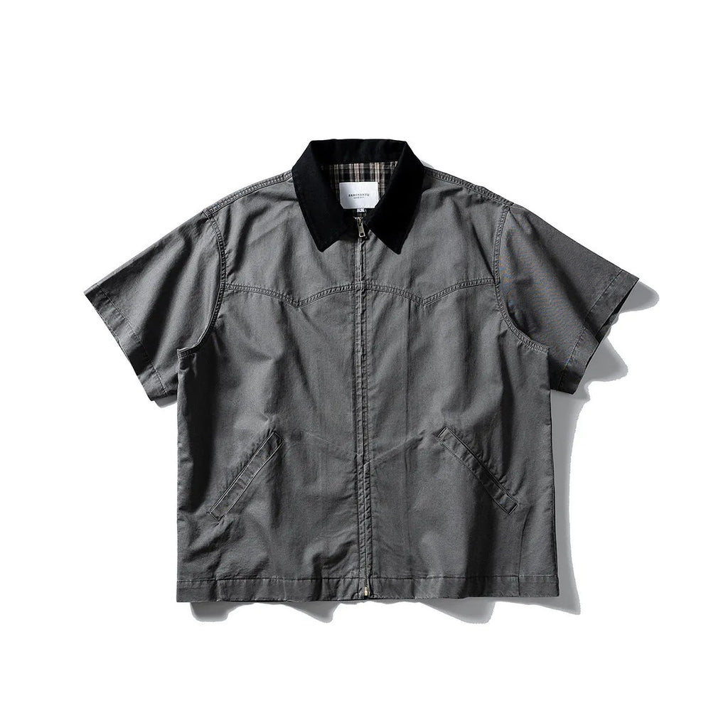 Short sleeve washed overalls shirt in loose fit cotton, khaki and grey colour options