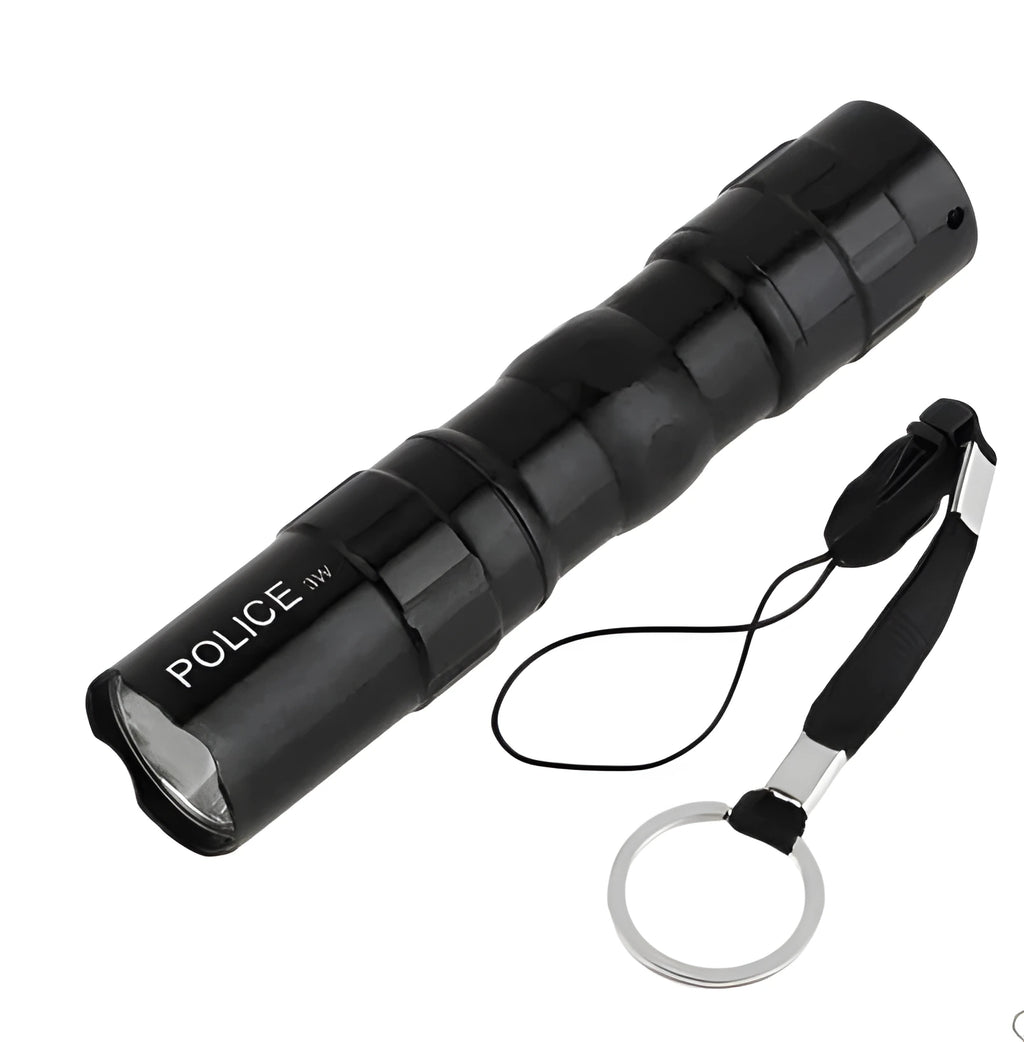 Black aluminium mini LED flashlight showing 9.5cm length and 3W LED lens.