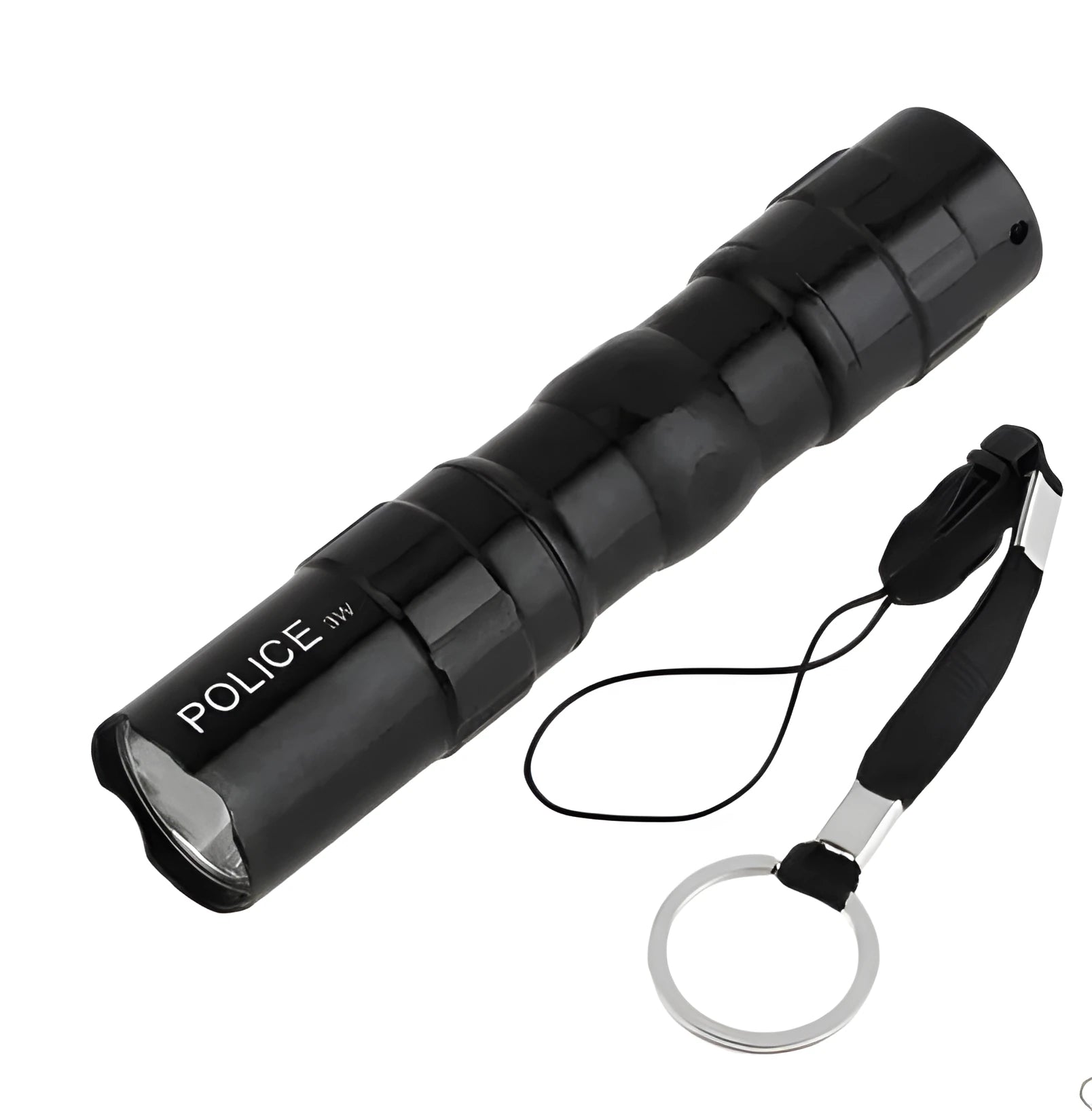 Black aluminium mini LED flashlight showing 9.5cm length and 3W LED lens.
