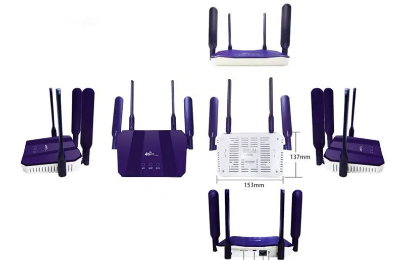 Blue 4G All Netcom dual mode router with four antennas showing front panel indicators