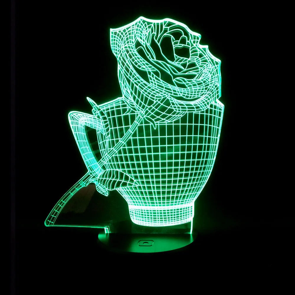 3D rose design night light on a black base showing multicolour gradient illumination.