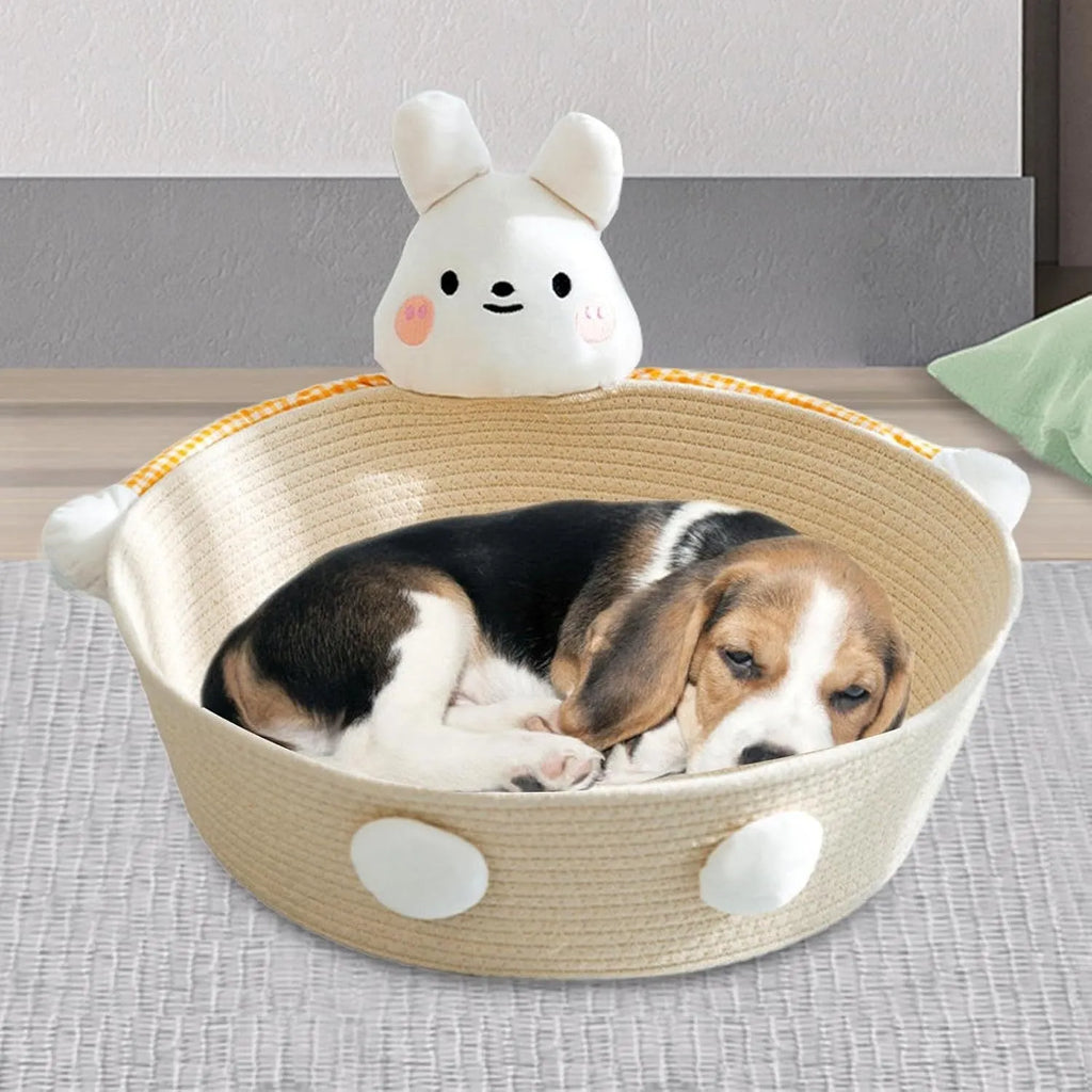 Woven cotton rope cat bed and scratching board in basket shape with bear design