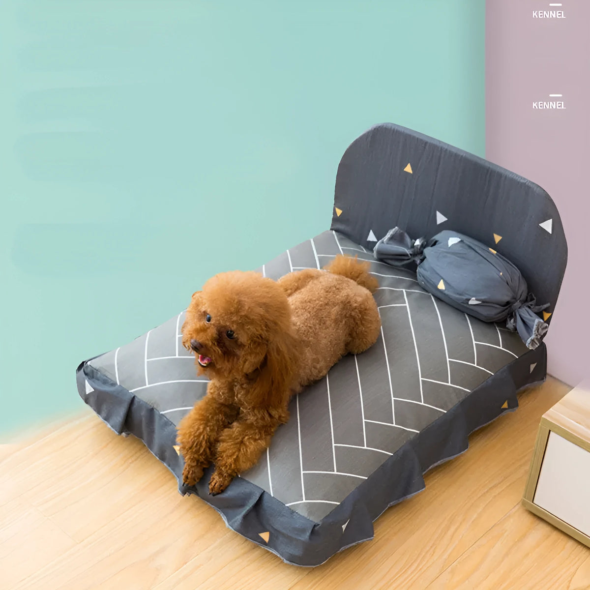 Cotton cloth pet house puppy bed with candy shape pillow, removable washable cover, available in S M L and grey orange yellow