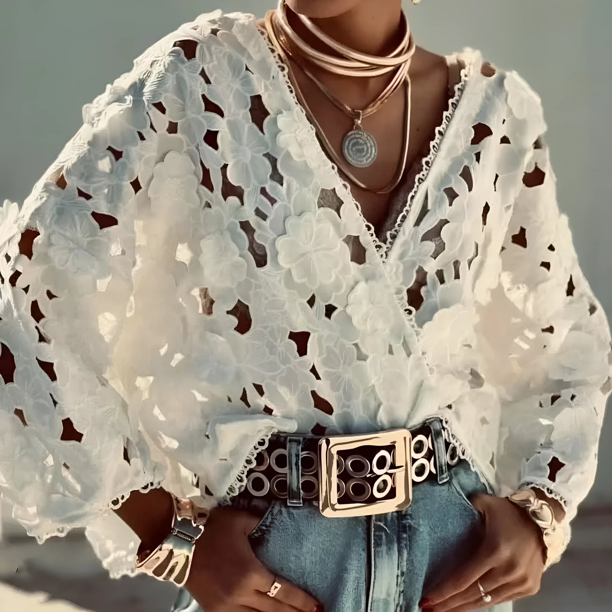 Loose lace cardigan with three-dimensional floral embroidery in street fashion style