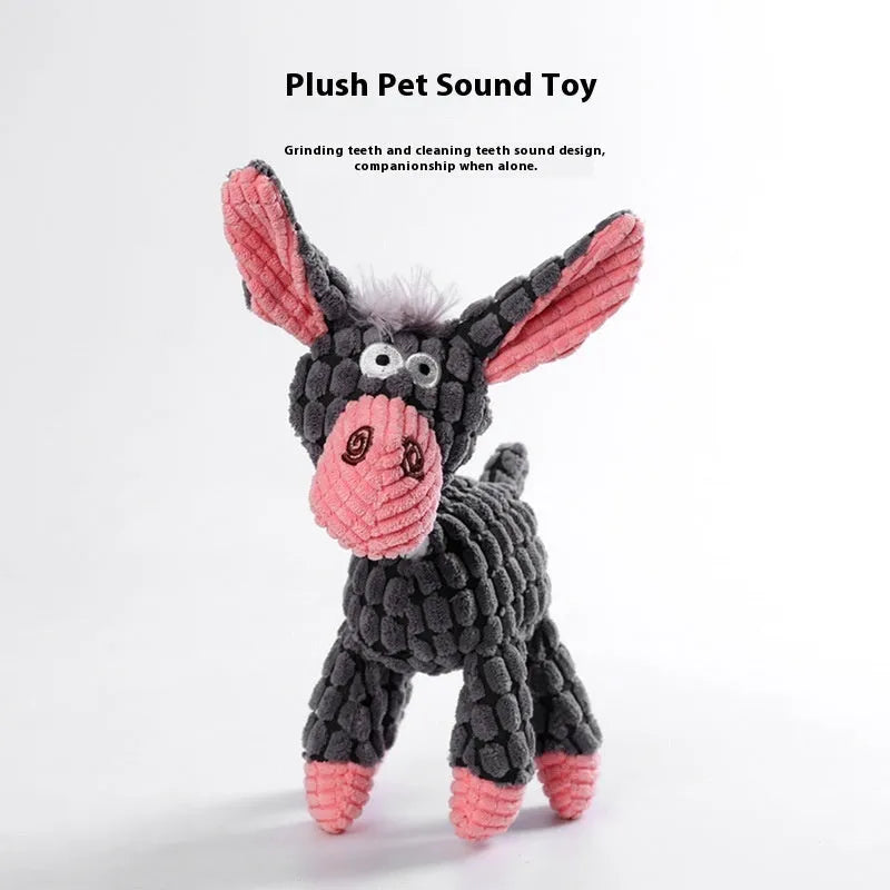 Bite-resistant plush dog chew toy showing donkey, duck, and elephant style options with squeaker
