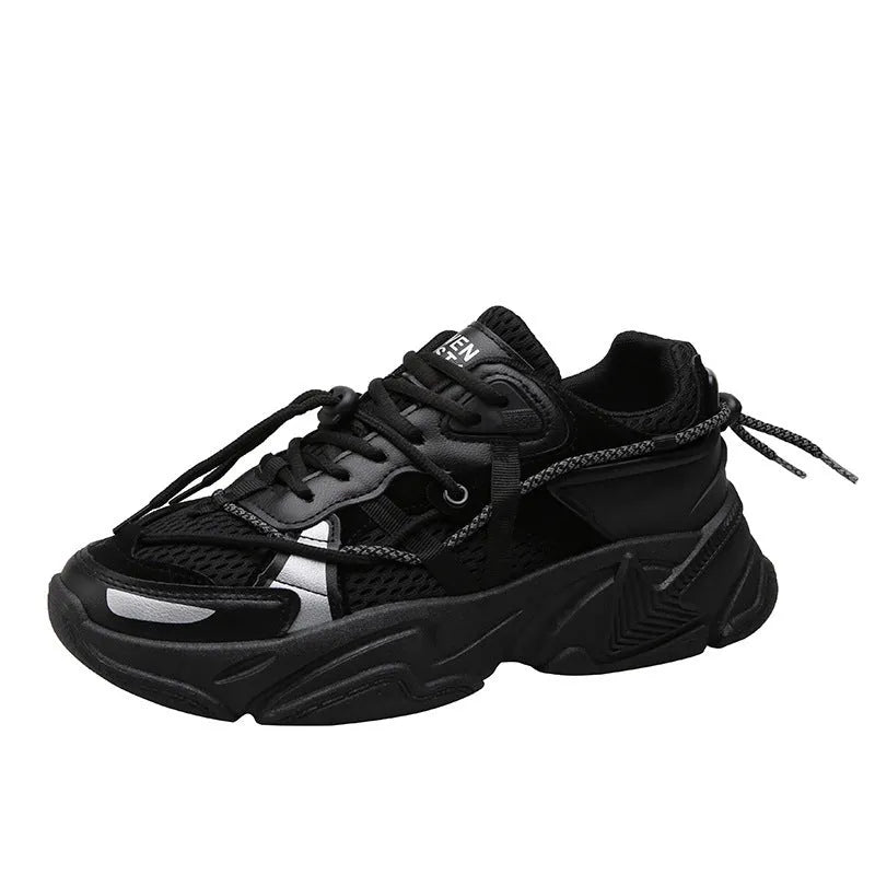 Men's white Korean-style platform sneakers with lace-up front on a plain background.